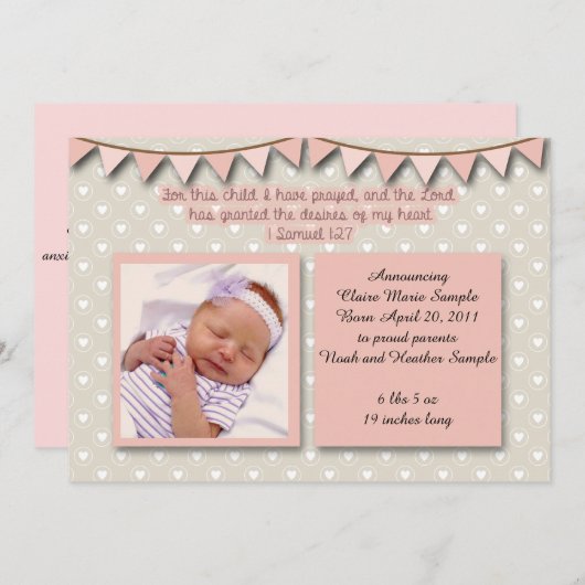 Faire-part de bébé, écriture sainte chrétienne (Devant / Derrière)