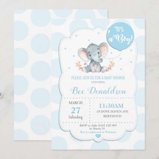 Faire-part de Bébé éléphant garçon points bleus (Devant / Derrière)
