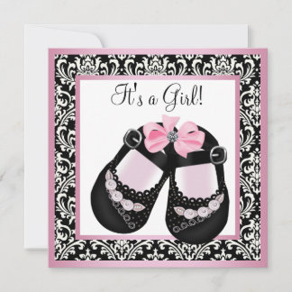 Faire-part de Bébé Fille Chaussures en Damassé Ros