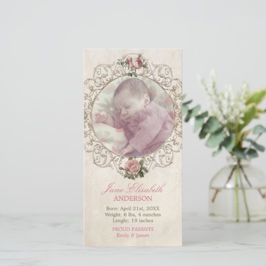Faire-part de bébé Rose vintage (Debout devant)