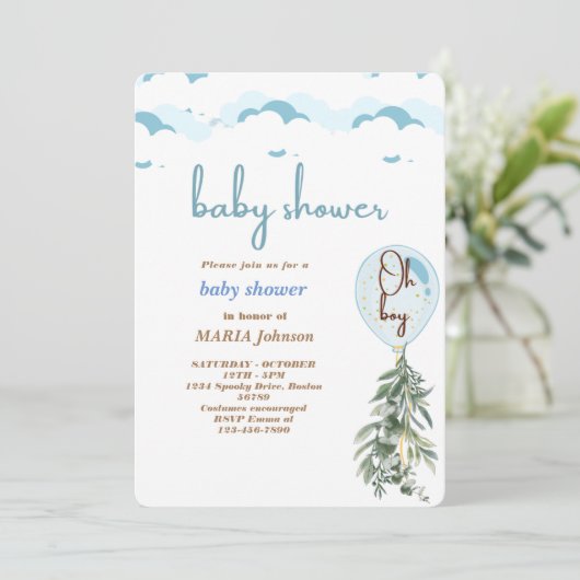 Faire-Part de Bébé Shower Eucalyptus Ballon Bleu O (Debout devant)