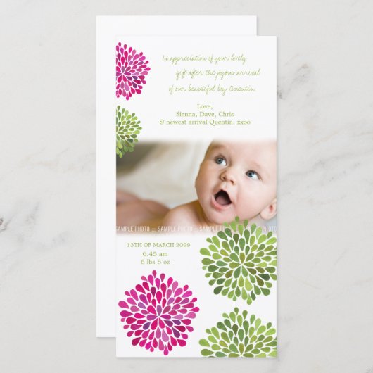 Faire-part de carte de fleurs de Merci de bébé (Devant / Derrière)