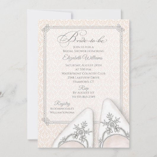 Faire-part de chaussures de mariée brodées en dama (Devant)