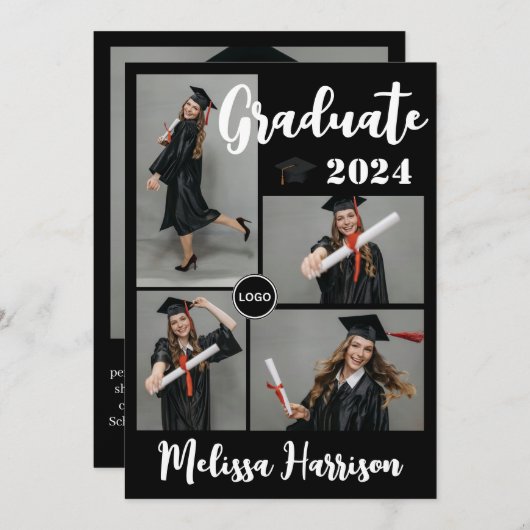 Faire-part de collage de photo de diplômé avec log (Devant / Derrière)