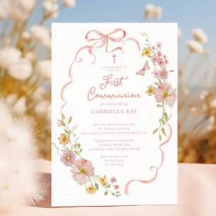 Faire-part de Communion Papillon Floral Rose