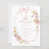 Faire-part de Communion Papillon Floral Rose (Devant)