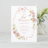 Faire-part de Communion Papillon Floral Rose (Debout devant)
