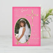 Faire-part de communion photo croisée rose et or (Debout devant)