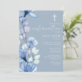 Faire-part de confirmation fleuri transparent bleu (Debout devant)