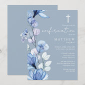 Faire-part de confirmation fleuri transparent bleu (Devant / Derrière)
