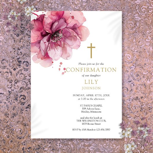 Faire-part de confirmation floral aquarelle rose p
