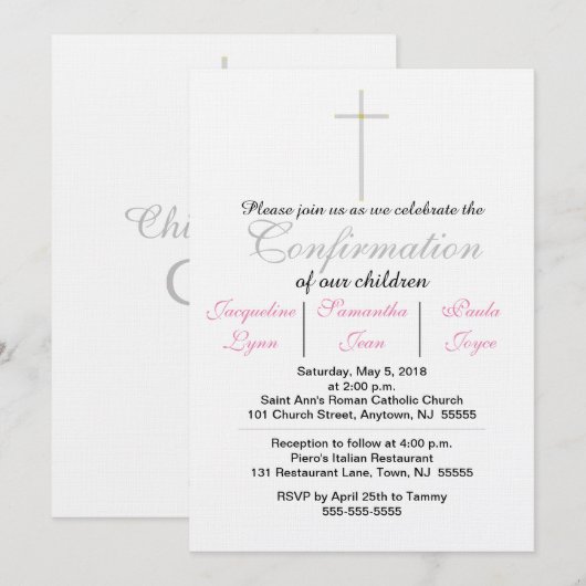 Faire-part de Confirmation Rose pour Triplés (Devant / Derrière)