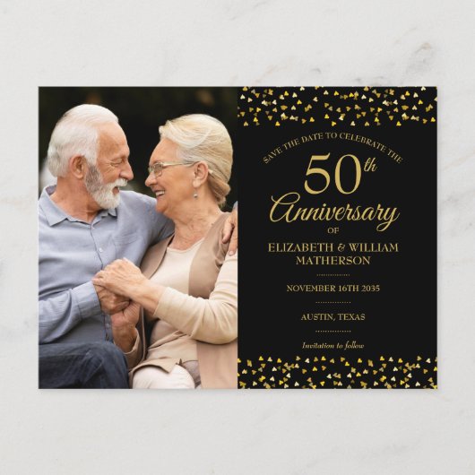 Faire-part de date de 2 photos de coeurs dorés pou (Devant)