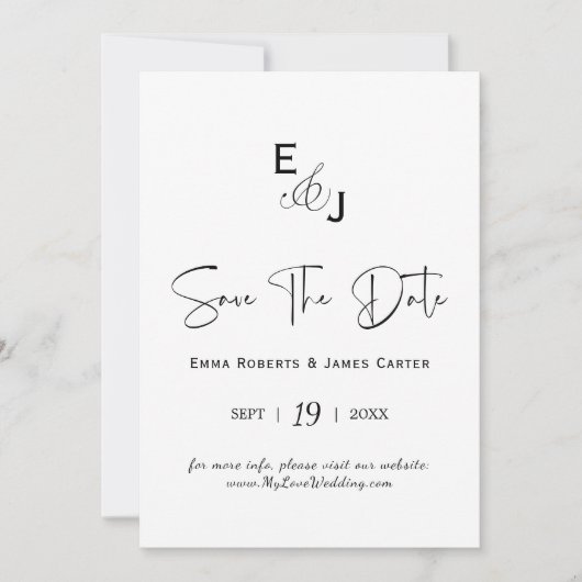 Faire-part de date de mariage à monogramme noir et (Devant)