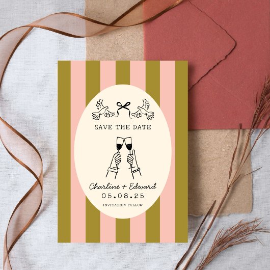 Faire-part de date de mariage à rayures roses capr