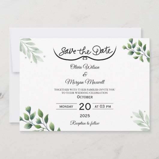 Faire-Part de Date de Mariage Élégant avec Verdure (Devant)