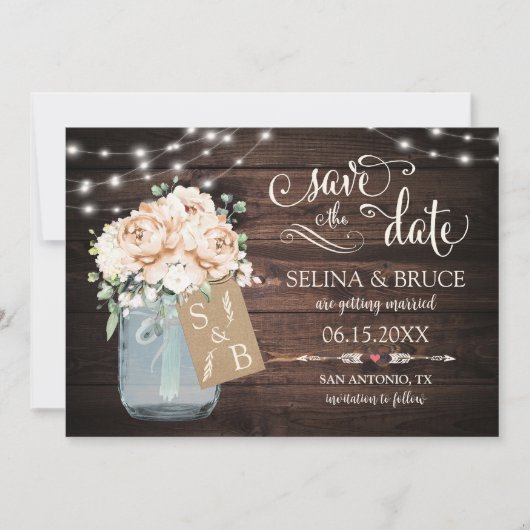 Faire-part de date de mariage en bois rustique flo (Devant)