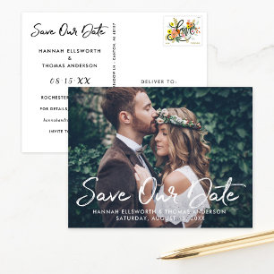 Faire-part de date de mariage en script blanc sur 