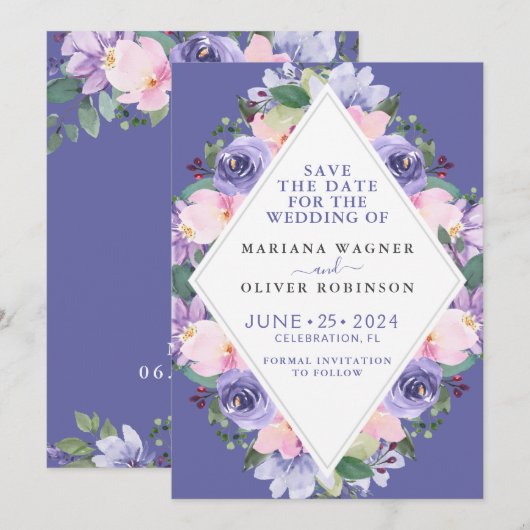 Faire-part de date de mariage floral violet (Devant / Derrière)