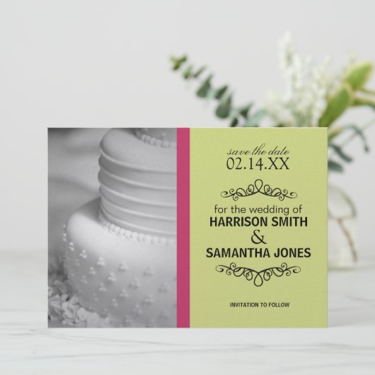 Faire-part de date de mariage rose et vert citron (Debout devant)