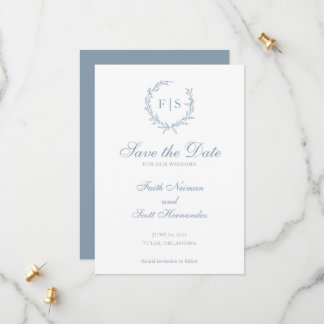 Faire-part de date de sauvegarde à monogramme bleu