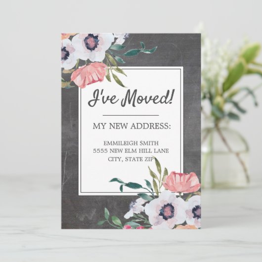 Faire-part de déplacement Chalkboard rose blanc fl (Debout devant)