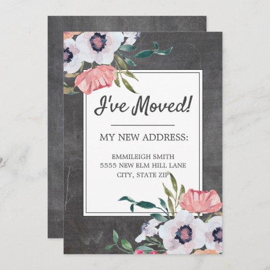 Faire-part de déplacement Chalkboard rose blanc fl (Devant / Derrière)