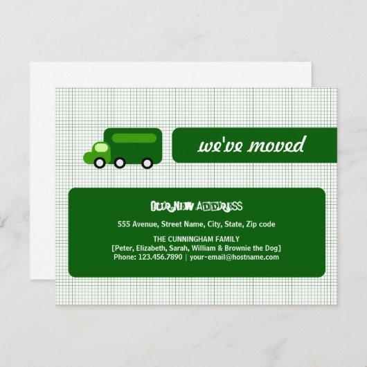 Faire-part de déplacement de camion vert (Devant / Derrière)