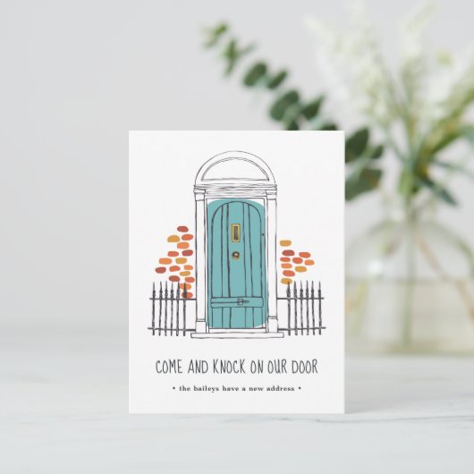 Faire-part de déplacement de porte bleue (Debout devant)