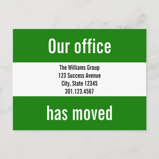 Faire-part de déplacement du bureau vert et blanc (Devant)