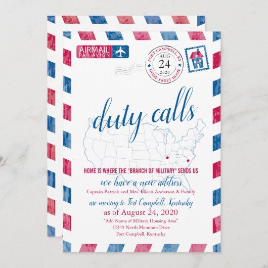 Faire-part de déplacement militaire de Fort Campbe (Devant / Derrière)