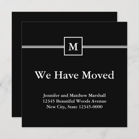 Faire-part de déplacement noir et blanc monogramme (Devant / Derrière)
