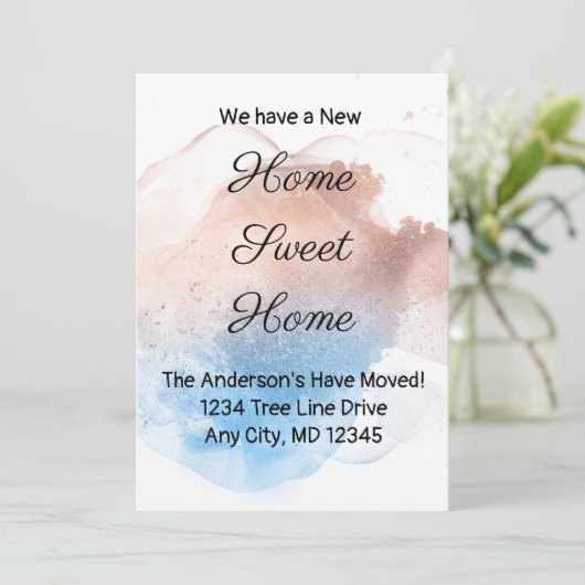 Faire-part de déplacement rose Gold et Blue Splash (Debout devant)