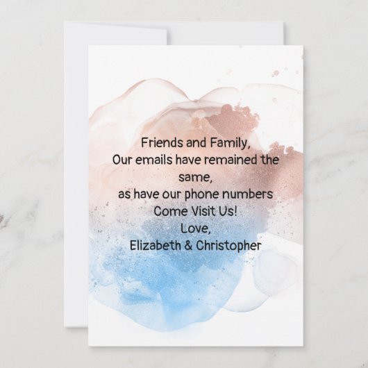 Faire-part de déplacement rose Gold et Blue Splash (Dos)