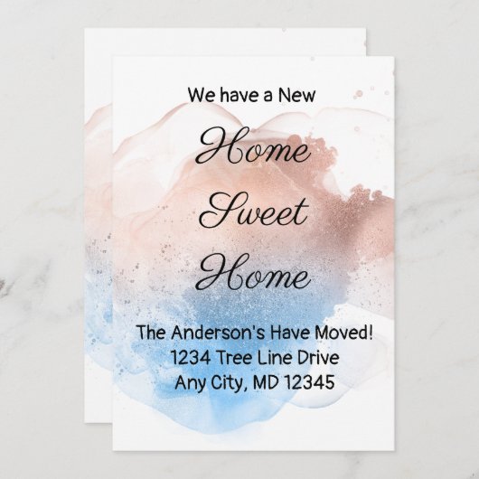 Faire-part de déplacement rose Gold et Blue Splash (Devant / Derrière)