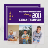 Faire-part de diplôme avec 3 photos en violet (Devant / Derrière)
