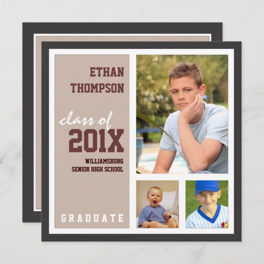 Faire-part de diplôme avec 3 photos Tan Brown (Devant / Derrière)