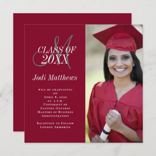 Faire-part de diplôme Monogramme Photo Grad Party (Devant / Derrière)