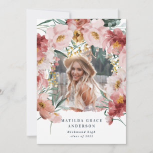Faire-part de diplôme photo florale rose girly