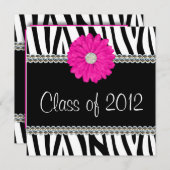 Faire-part de diplôme Zebra Pink Daisy Faux Gems (Devant / Derrière)