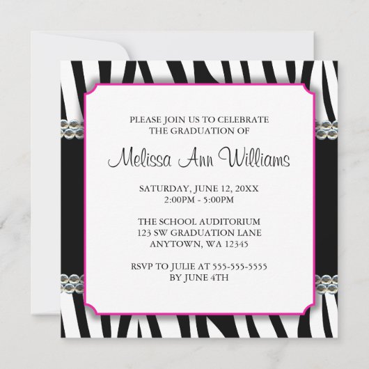 Faire-part de diplôme Zebra Pink Daisy Faux Gems (Dos)