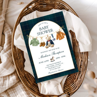 Faire-part de douche bébé ours en peluche polo vin