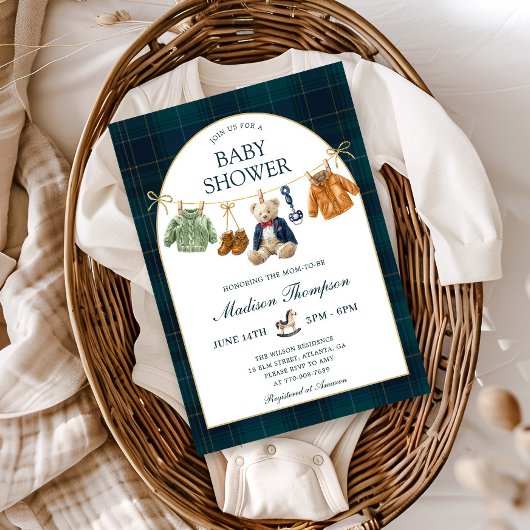Faire-part de douche bébé ours en peluche polo vin