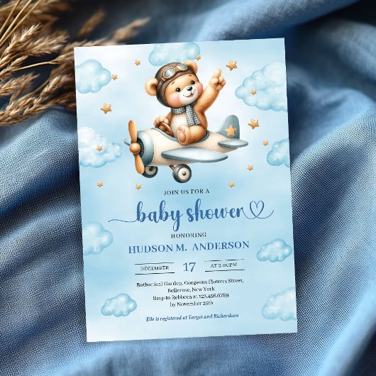 Faire-part de douche charmants ourson pilote bleu