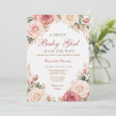 Faire-part de douche de bébé fille florale Rose ro (Debout devant)