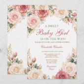 Faire-part de douche de bébé fille florale Rose ro (Devant / Derrière)