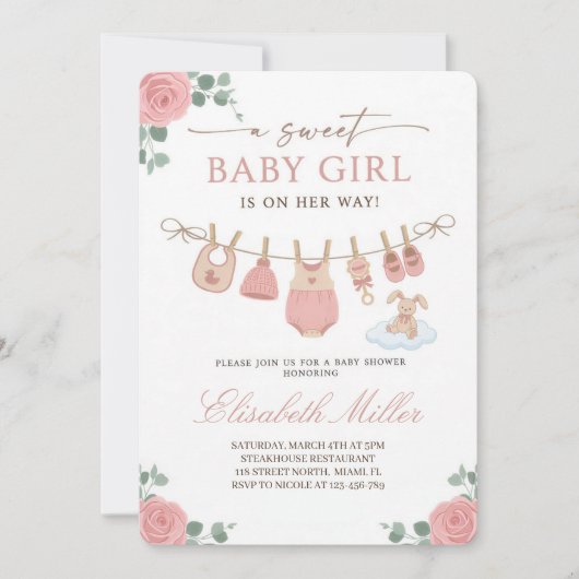 Faire-part de douche de bébé fille pastel douce (Devant)