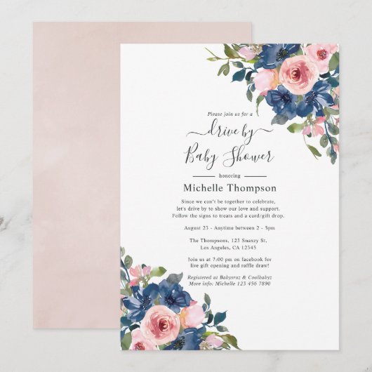 Faire-part de douche de mariage Navy et Blush Flor (Devant / Derrière)