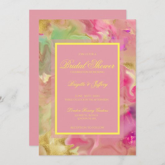 Faire-part de douche de mariée rose, or et vert (Devant / Derrière)