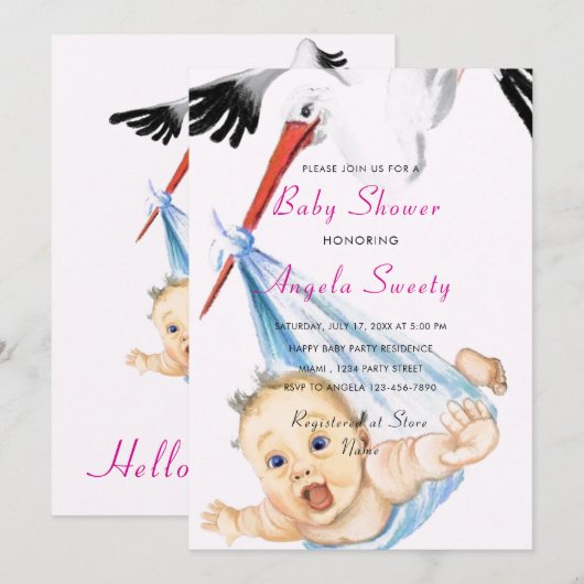 Faire-part de douche fun bébé cigogne drôle (Devant / Derrière)